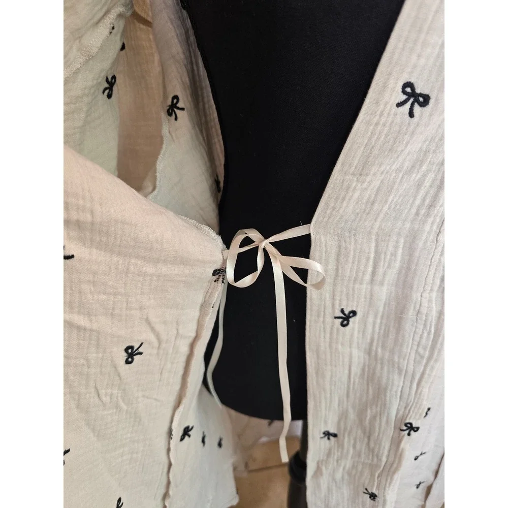 Embroidered Cotton Kimono Robe M/L Cream Black Bows vacation minimalist boho